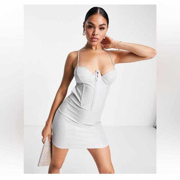 ASOS Design Glitter Corset Bodice Mini Dress NWT - Picture 1 of 8